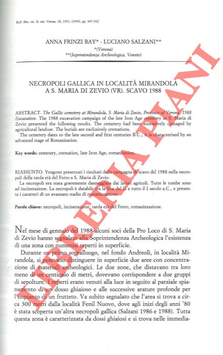 FRINZI BAY Anna - SALZANI Luciano - - Necropoli gallica in localit Mirandola a S. Maria di Zevio (VR) . Scavo 1988.