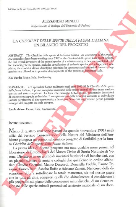 MINELLI Alessandro - - La Checklist delle specie della fauna italiana. Un bilancio del progetto.