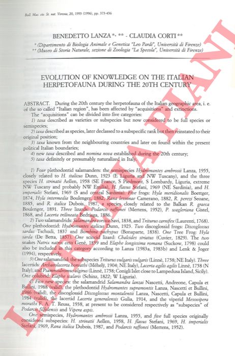 LANZA Benedetto - CORTI Claudia - - Evolution of knowledge on the Italian Herpetofauna during the 20th century.