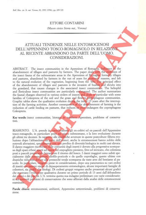 CONTARINI Ettore - - Attuali tendenze nelle entomocenosi dell'Appennino Tosco-romagnolo in relazione al recente abbandono da parte dell'uomo. Considerazioni.