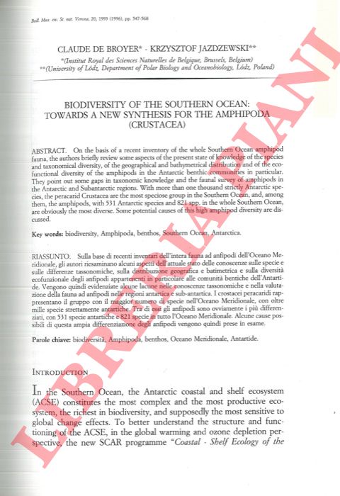 DE BROYER Claude - JAZDZEWSKI Krzysztof - - Biodiversity of the Southern Ocean: towards a new synthesis for the Amphipoda (Crustacea) .