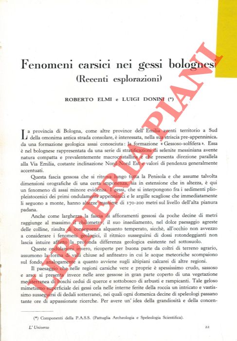 ELMI Roberto - DONINI Luigi - - Fenomeni carsici nei gessi bolognesi (recenti esplorazioni) .