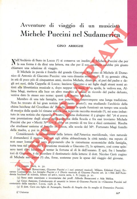ARRIGHI Gino - - Avventure di viaggio di un musicista: Michele Puccini nel Sudamerica.