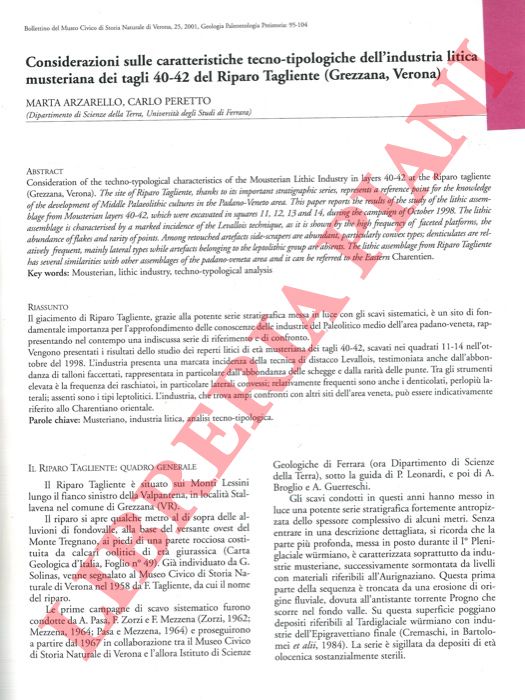ARZARELLO Marza - PERETTO Carlo - - Considerazioni sulle caratteristiche tecno-tipologiche dell'industria litica musteriana.