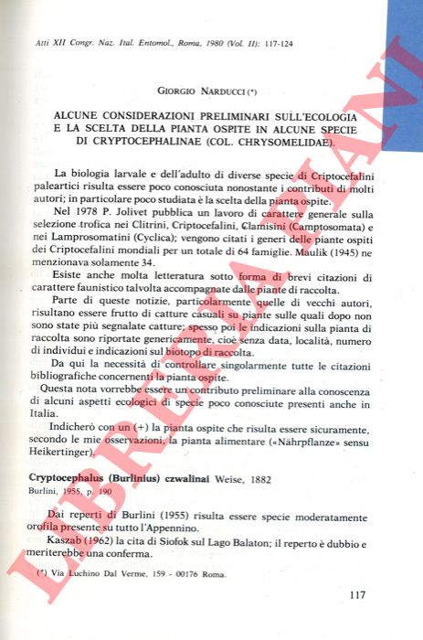 NARDUCCI Giorgio - - Alcune considerazioni preliminari sull'ecologia e la scelta della pianta ospite in alcune specie di Cryptocephalinae (Coleoptera, Chrysomelidae) .