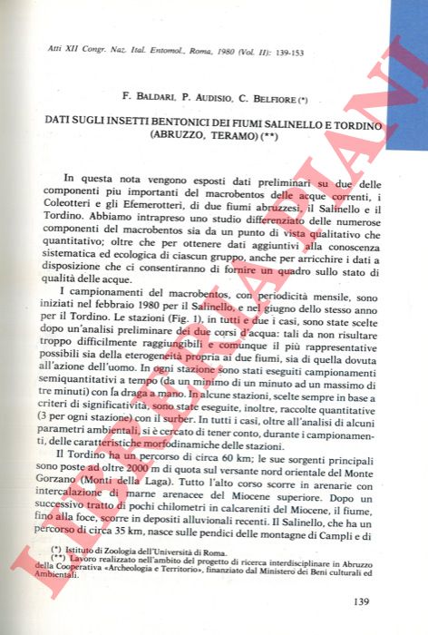 BALDARI F. - AUDISIO P. - BELFIORE C. - - Dati sugli insetti bentonici dei fiumi Salinello e Tordino (Abruzzo, Teramo) .