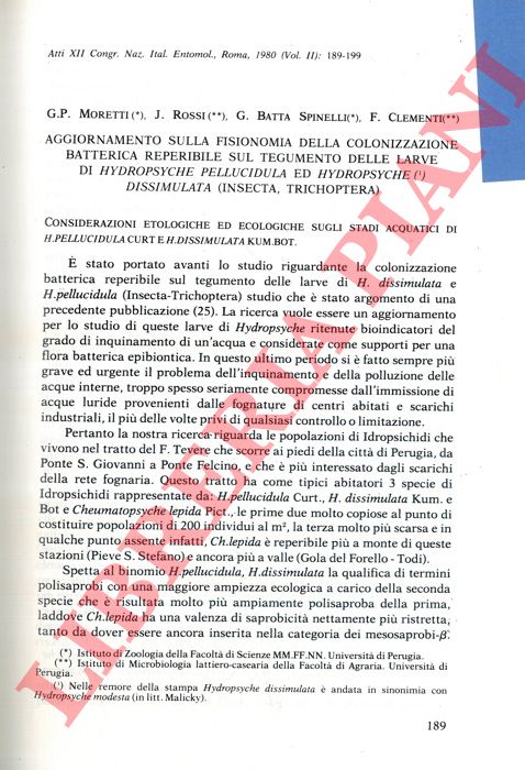 MORETTI G. P. - ROSSI J. - BATTA SPINELLI G. - CLEMENTI F. - - Aggiornamento sulla fisionomia della colonizzazione batterica reperibile sul tegumento delle arve di Hydropsyche pellucidula e Hydropsyche dissimulata (Insecta, Trichoptera) .