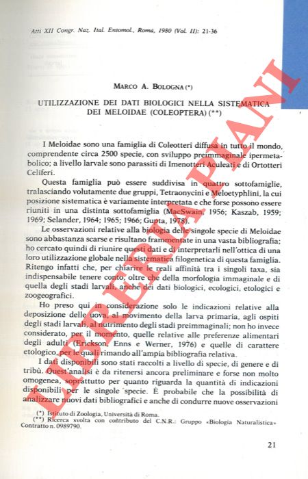 BOLOGNA Marco A. - - Utilizzazione dei dati biologici nella sistematica dei Meloidae (Coleoptera) .