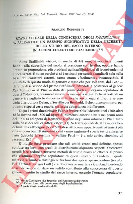 BORDONI Arnaldo - - Stato attuale della conoscenza degli Zantholinus W-paleartici: un esempio significativo della necessit dello studio del sacco interno in alcuni Coleotteri Stafilinidi.