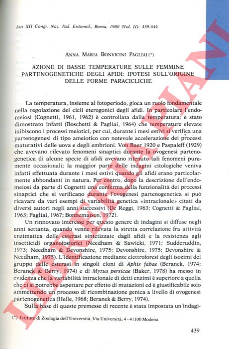 BONVICINI PAGLIAI Anna Maria - - Azione di basse temperature sulle femmine partenogenetiche degli Afidi: ipotesi sull'origine delle forme paracicliche.