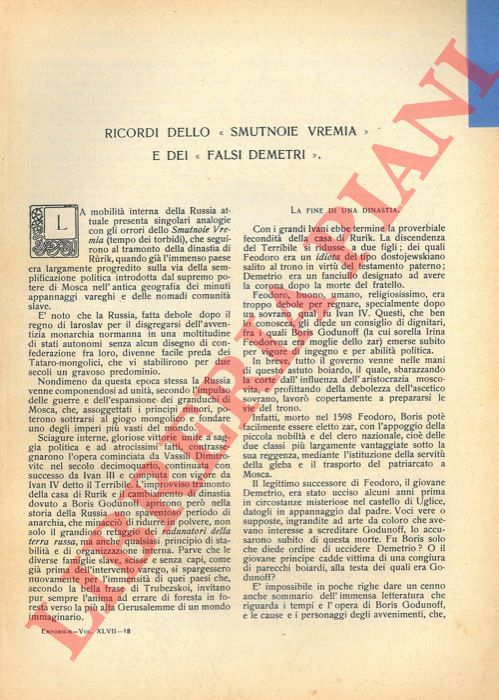 DE RITIS Beniamino - - Ricordi dello 'Smutnoie Vremia' e dei 'Falsi Demetri' .
