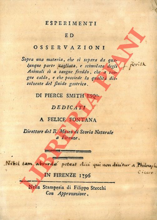 SMITH Pierce - - Esperimenti ed osservazioni sopra una materia che si separa da qualunque parte tagliata e stimolata degli animali s