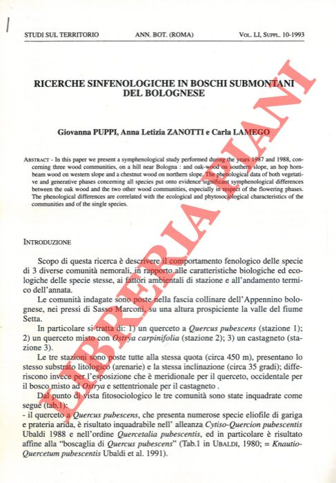 PUPPI Giovanna - ZANOTTI Anna Letizia - LAMEGO Carla - - Ricerche sinfenologiche in boschi submontani del bolognese.