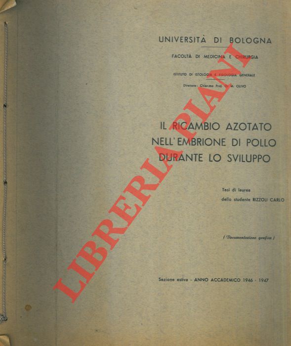 RIZZOLI Carlo - - Il ricambio azotato nell'embrione di pollo durante lo sviluppo.