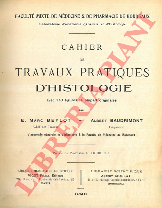 BEYLOT Marc E. - BAUDRIMONT Albert - - Cahier de travaux pratiques d'histologie.