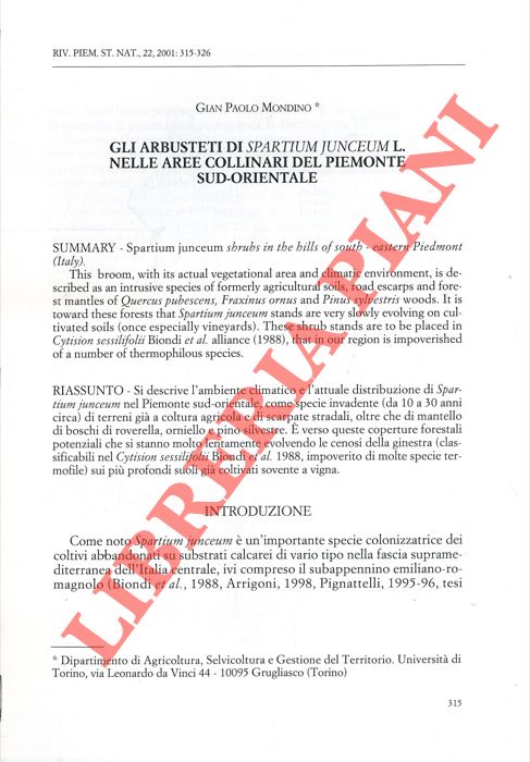 MONDINO Gian Paolo - - Gli arbusteti di Spartium junceum L. nelle aree collinari del Piemonte Sud-Orientale.