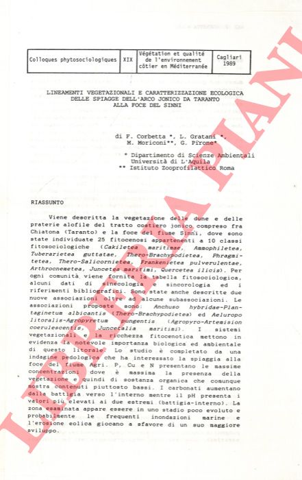 CORBETTA F. - GRATANI L. - MORICONI M. - PIRONE G. - - Lineamenti vegetazionali e caratterizzazione ecologica delle spiagge dell'arco jonico da Taranto alla foce del Sinni.