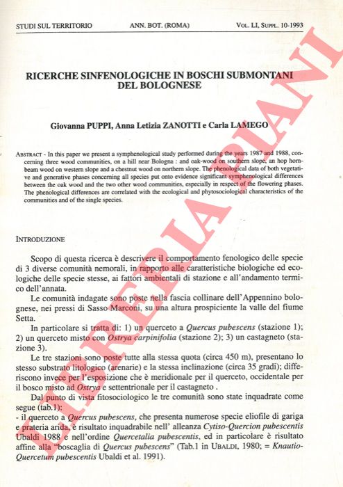 PUPPI Giovanna - ZANOTTI Anna Letizia - LAMEGO Carla - - Ricerche sinfenologiche in boschi submontani del Bolognese.