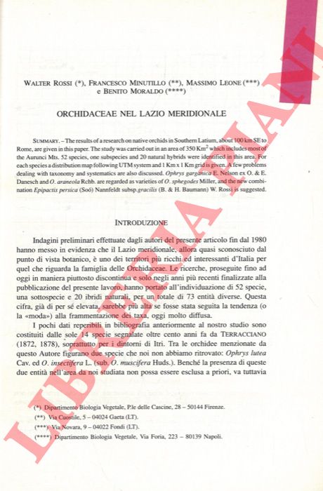 ROSSI Walter - MINUTILLO Francesco - LEONE Massimo - MORALDO Benito - - Orchidaceae nel Lazio meridionale.