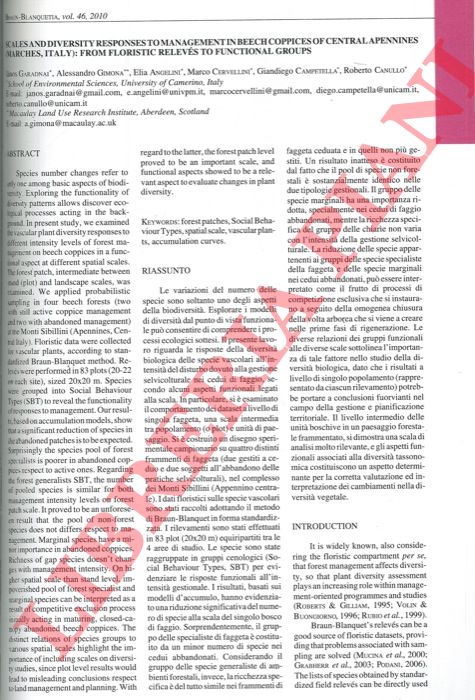 GARADNAI J. - GIMONA A. - ANGELINI E. - CERVELLINI M. - CAMPETELLA G. - CANULLO R. - - Scales and diversity responses to management in beech coppices of central Appennines (Marches, Italy) : fro floristic relevs to functional groups.