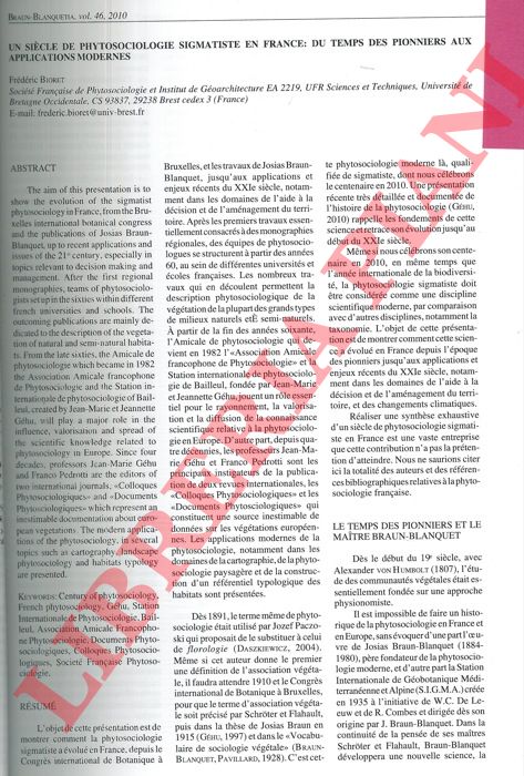 BIORET Frdric - - Un sicle de Phytosociologie sigmatiste e France: du temps de pionniers aux applications modernes.