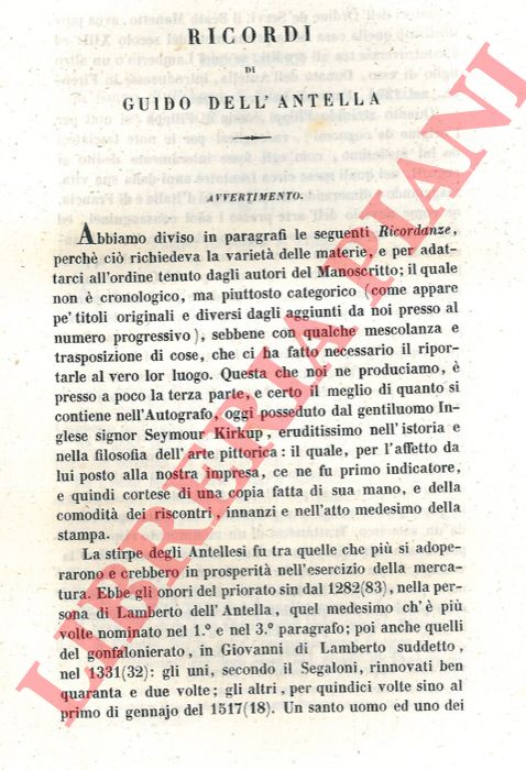 DELL'ANTELLA Guido - - Ricordi di Guido Dell'Antella. Ricordanze di Guido di Filippo di Ghidone Dell'Antella, e de' suoi Figlioli e Discendenti.