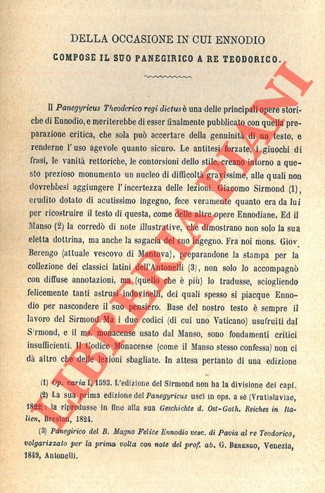 CIPOLLA Carlo - - Della occasione in cui Ennodio compose il suo Panegirico a Re Teodorico.