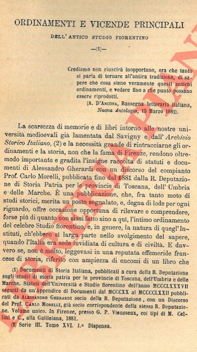 RONDONI Giuseppe - - Ordinamento e vicende principali dell'antico Studio fiorentino.