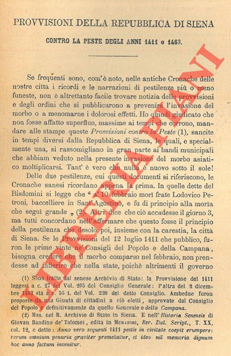BANCHI Luciano - - Provvisioni della Repubblica di Siena contro la peste degli anni 1411 e 1463.