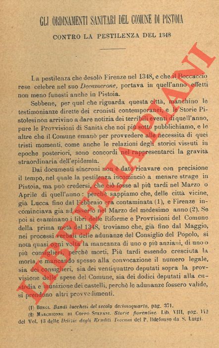 CHIAPPELLI Alberto - - Gli ordinamenti sanitari del Comune di Pistoia contro la pestilenza del 1348.