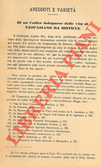 FRATI Ludovico - - Di un Codice bolognese delle Vite di Vespasiano da Bisticci.