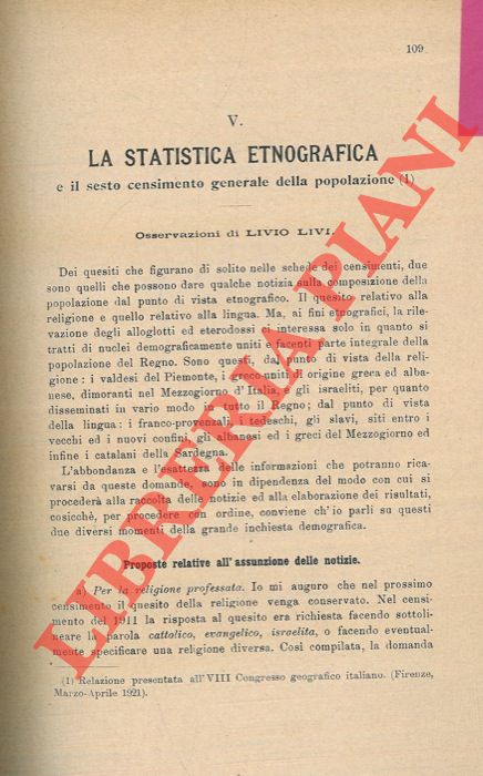 LIVI Livio - - La statistica etnografica e il sesto censimento generale della popolazione.