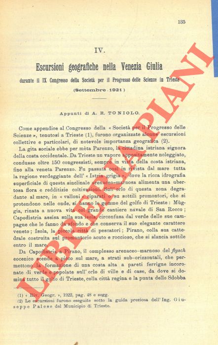 TONIOLO A. R. - - Escursioni geografiche nella Venezia Giulia durante il IX Congresso della Societ per il Progresso delle Scienze in Trieste (Settembre 1921) .
