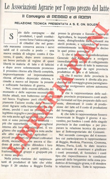 GENNARI Giulio - - Le Associazioni Agrarie per l'equo prezzo del latte. Il Convegno di Reggio e di Roma. Relazione tecnica.