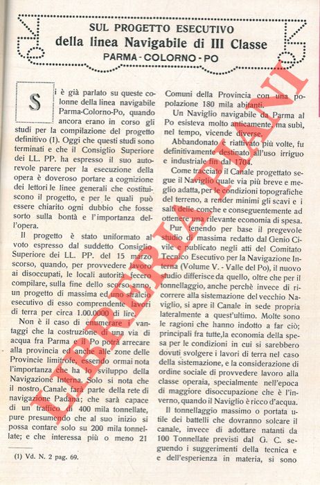 FERRARI Carlo - - Sul Progetto Esecutivo della linea Navigabile di III Classe Parma-Colorno - Po.