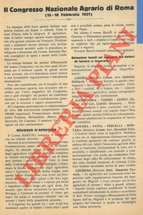 - - Il Congresso Nazionale Agrario di Roma (15-18 Febbraio 1921) .