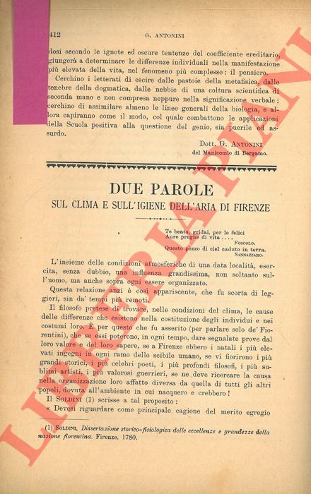 PASSIGLI Ugo - - Due parole sul clima e sull'igiene dell'aria di Firenze.