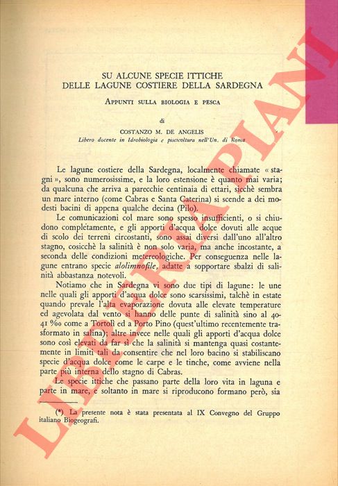 DE ANGELIS Costanzo M. - - Su alcune specie ittiche delle lagune costiere della Sardegna.