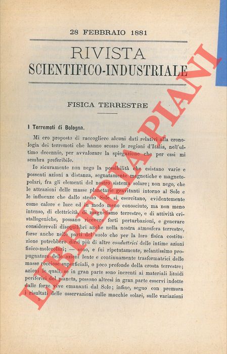 BOMBICCI Luigi - BASSANI Carlo - - Luigi Bombicci. I Terremoti di Bologna. Carlo Bassani. Sui terremoti.