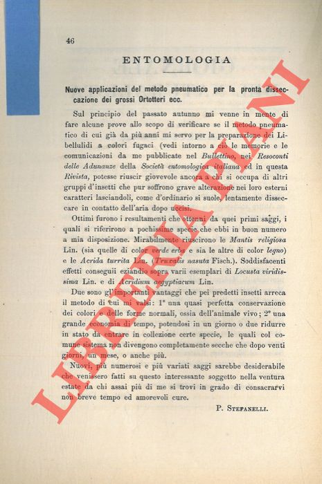 STEFANELLI Pietro - - Nuove applicazioni del metodo pneumatico per la pronta disseccazione dei grossi Ortotteri.