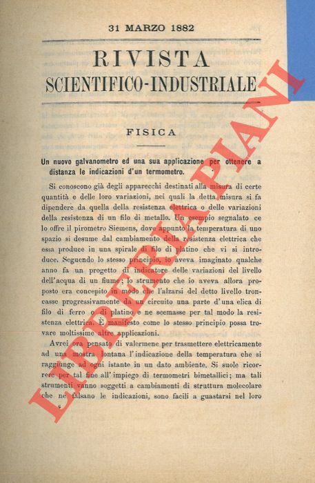 FERRINI Rinaldo - - Un nuovo galvanometro ed una sua applicazione per ottenere a distanza le indicazioni di un termometro.