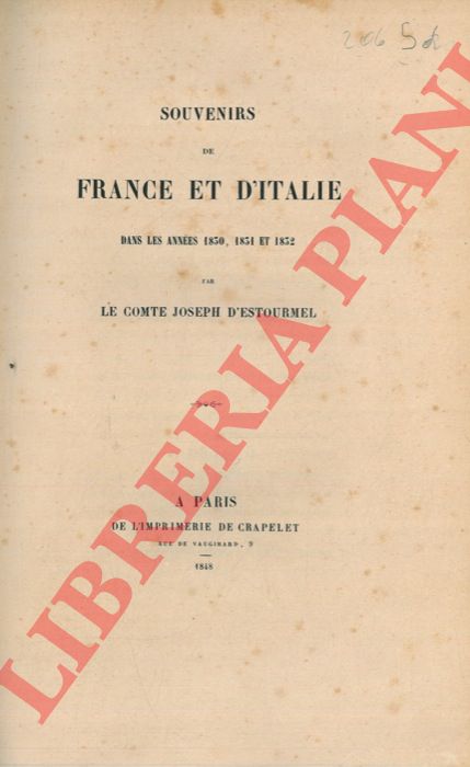 ESTOURMEL Compte Joseph d' - - Souvenirs de France et d'Italie dans les annes 1830, 1831 et 1832.