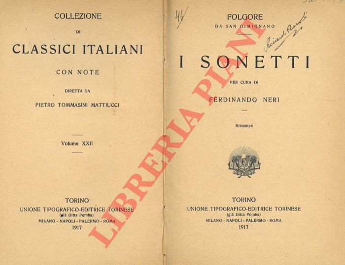 FOLGORE da San Giminiano - - I sonetti. Per cura di Ferdinando Neri.
