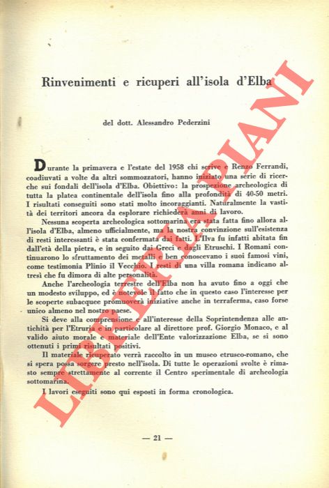 PEDERZINI Alessandro - - Rinvenimenti e recuperi all'Isola d'Elba.