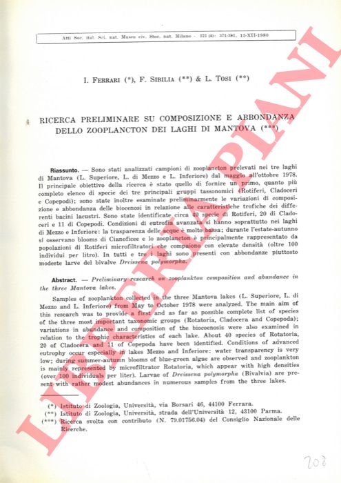 FERRARI I. - SIBILIA F. - TOSI L. - - Ricerca preliminare su composizione e abbondanza dello zooplancton dei laghi di Mantova.