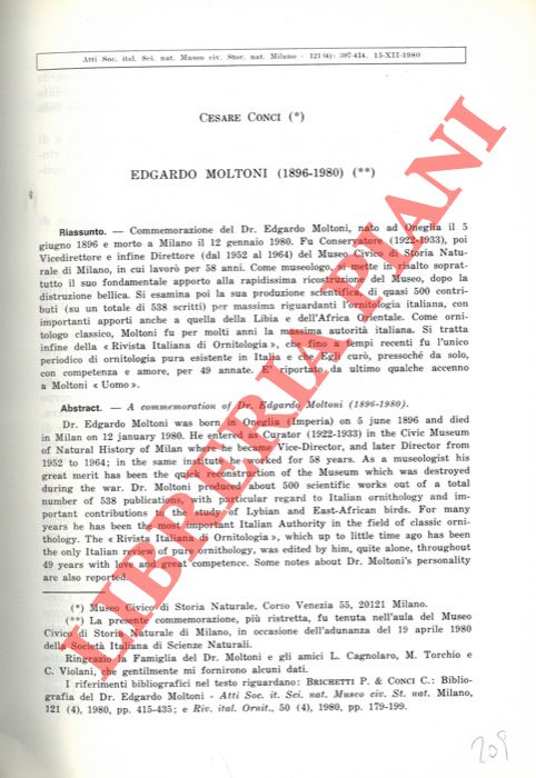 CONCI Cesare = BRICHETTI Pierandrea & CONCI Cesare - - Edgardo Moltoni (1896 . 1980) = Bibliografia del Dr. Edgardo Moltoni.