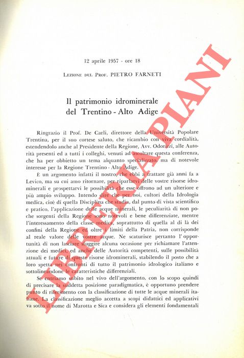 FARNETI Pietro - - Il patrimonio idrominerale del Trentino - Alto Adige.