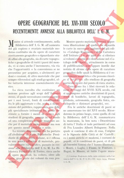 GENOVIE' Lina - - Opere geografiche del XVI-XVIII secolo recentemente annesse alla biblioteca dell'I.G.M. .