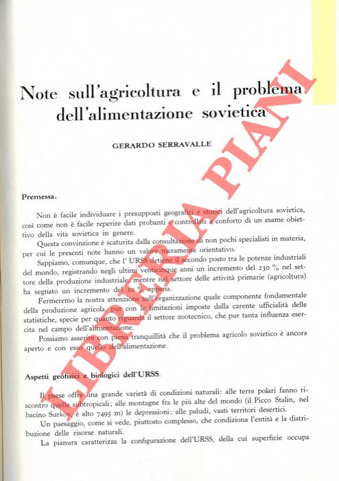 SERRAVALLE Gerardo - - Note sull'agricoltura e il problema dell'alimentazione sovietica.