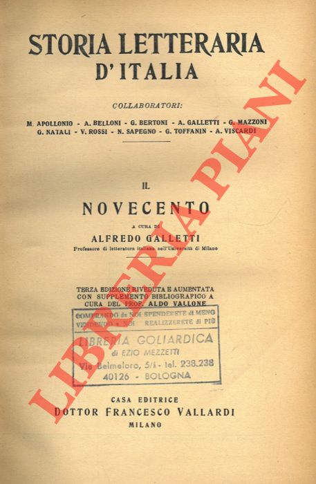 GALLETTI Alfredo - - Storia letteraria d'Italia. Il novecento.